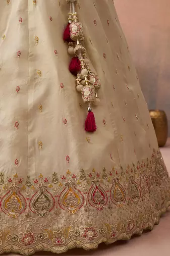 Cream- Cosmos Silk Beads & Sequins Embroidered Semi-Stitched Lehenga & Unstitched Blouse With Dupatta