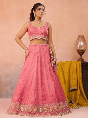 Pink- Cosmos Silk Beads & Sequins Embroidered Semi-Stitched Lehenga & Unstitched Blouse With Dupatta 4