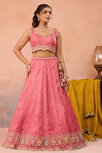 Pink- Cosmos Silk Beads & Sequins Embroidered Semi-Stitched Lehenga & Unstitched Blouse With Dupatta