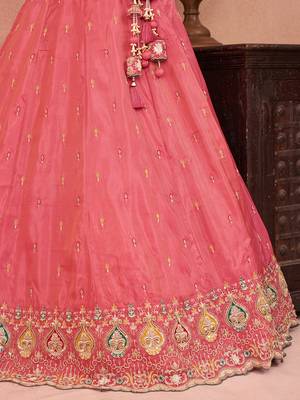 Pink- Cosmos Silk Beads & Sequins Embroidered Semi-Stitched Lehenga & Unstitched Blouse With Dupatta 5