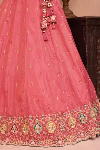 Pink- Cosmos Silk Beads & Sequins Embroidered Semi-Stitched Lehenga & Unstitched Blouse With Dupatta