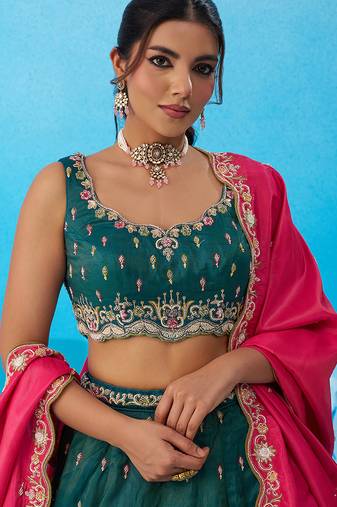 Teal- Cosmos Silk Beads & Sequins Embroidered Semi-Stitched Lehenga & Unstitched Blouse With Dupatta