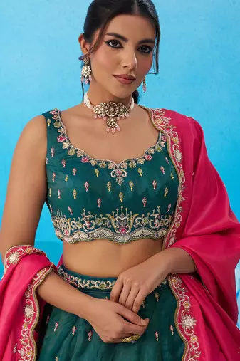 Teal- Cosmos Silk Beads & Sequins Embroidered Semi-Stitched Lehenga & Unstitched Blouse With Dupatta