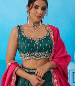 Teal- Cosmos Silk Beads & Sequins Embroidered Semi-Stitched Lehenga & Unstitched Blouse With Dupatta