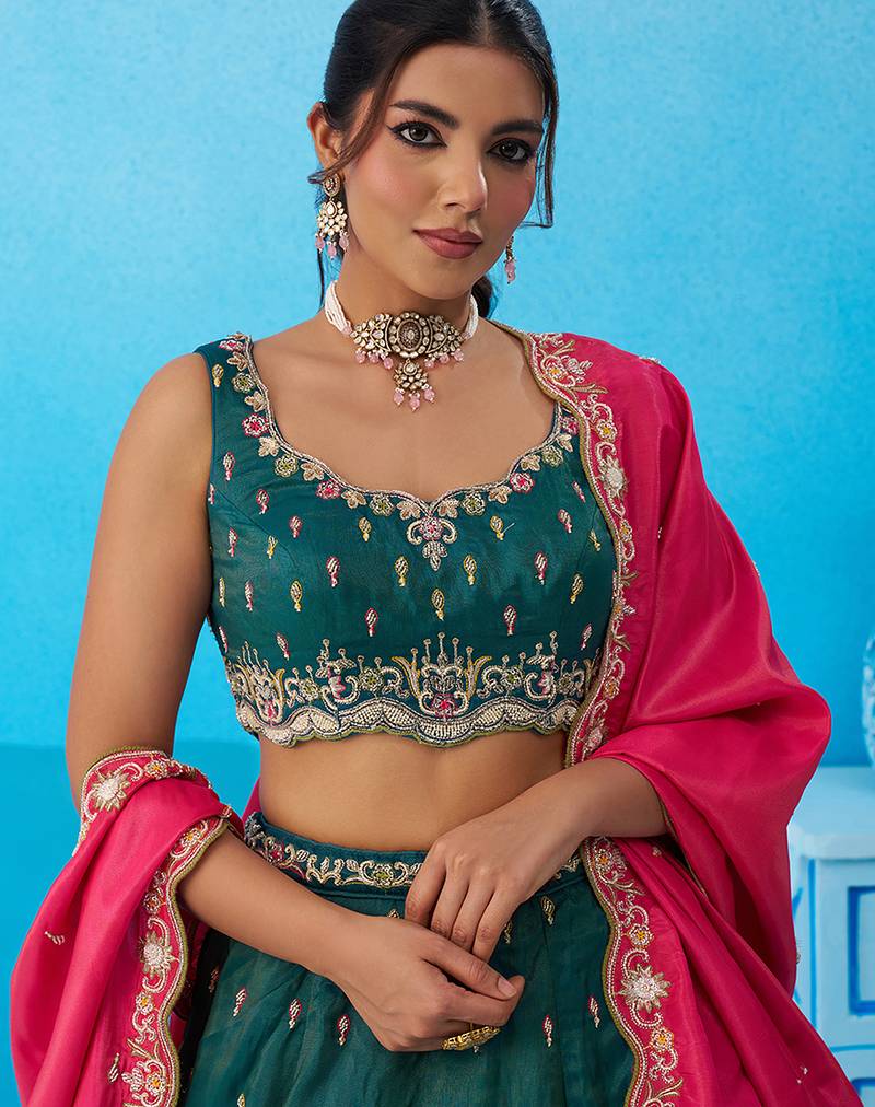 Teal- Cosmos Silk Beads & Sequins Embroidered Semi-Stitched Lehenga & Unstitched Blouse With Dupatta