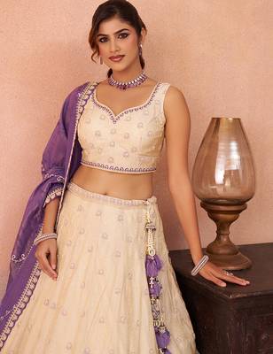 Cream- Jacquard Heavy Beads with Sequins Embroidered Semi-Stitched Lehenga  & Unstitched Blouse With Dupatta 2