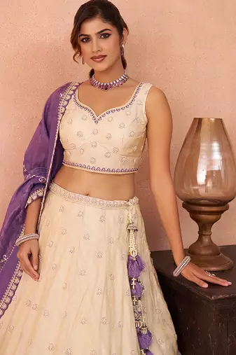 Cream- Jacquard Heavy Beads with Sequins Embroidered Semi-Stitched Lehenga  & Unstitched Blouse With Dupatta