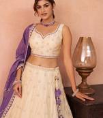 Cream- Jacquard Heavy Beads with Sequins Embroidered Semi-Stitched Lehenga & Unstitched Blouse With Dupatta