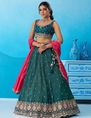 Teal- Cosmos Silk Beads & Sequins Embroidered Semi-Stitched Lehenga & Unstitched Blouse With Dupatta 3