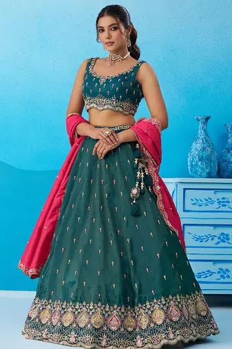 Teal- Cosmos Silk Beads & Sequins Embroidered Semi-Stitched Lehenga & Unstitched Blouse With Dupatta