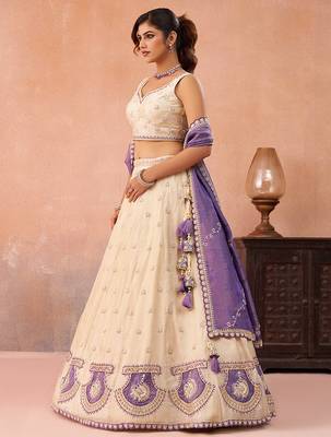 Cream- Jacquard Heavy Beads with Sequins Embroidered Semi-Stitched Lehenga  & Unstitched Blouse With Dupatta 3