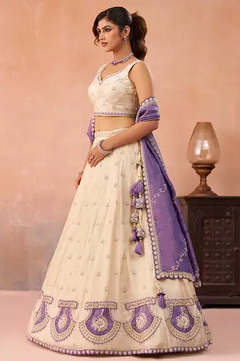 Cream- Jacquard Heavy Beads with Sequins Embroidered Semi-Stitched Lehenga  & Unstitched Blouse With Dupatta