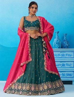 Teal- Cosmos Silk Beads & Sequins Embroidered Semi-Stitched Lehenga & Unstitched Blouse With Dupatta 1