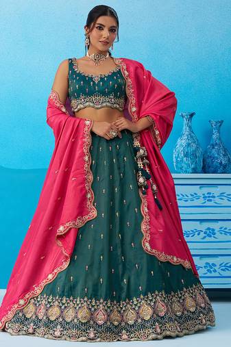 Teal- Cosmos Silk Beads & Sequins Embroidered Semi-Stitched Lehenga & Unstitched Blouse With Dupatta