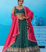 Teal- Cosmos Silk Beads & Sequins Embroidered Semi-Stitched Lehenga & Unstitched Blouse With Dupatta