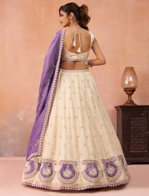 Cream- Jacquard Heavy Beads with Sequins Embroidered Semi-Stitched Lehenga  & Unstitched Blouse With Dupatta 4