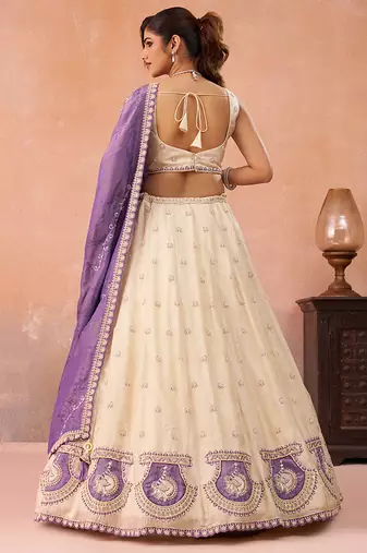Cream- Jacquard Heavy Beads with Sequins Embroidered Semi-Stitched Lehenga  & Unstitched Blouse With Dupatta