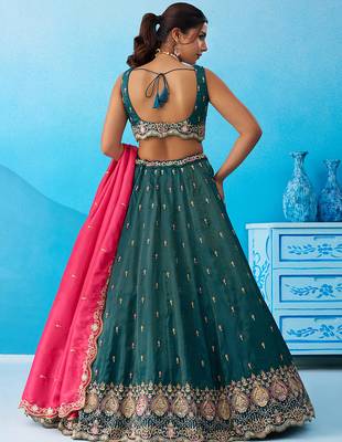 Teal- Cosmos Silk Beads & Sequins Embroidered Semi-Stitched Lehenga & Unstitched Blouse With Dupatta 4