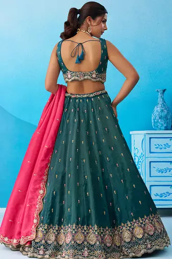 Teal- Cosmos Silk Beads & Sequins Embroidered Semi-Stitched Lehenga & Unstitched Blouse With Dupatta