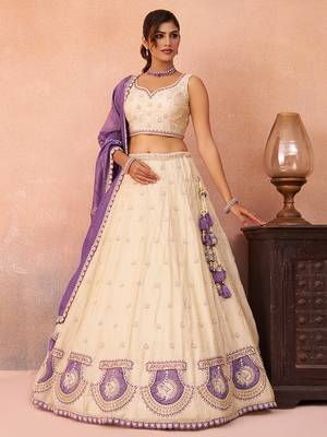 Cream- Jacquard Heavy Beads with Sequins Embroidered Semi-Stitched Lehenga  & Unstitched Blouse With Dupatta 1