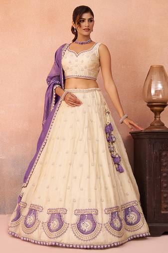 Cream- Jacquard Heavy Beads with Sequins Embroidered Semi-Stitched Lehenga & Unstitched Blouse With Dupatta