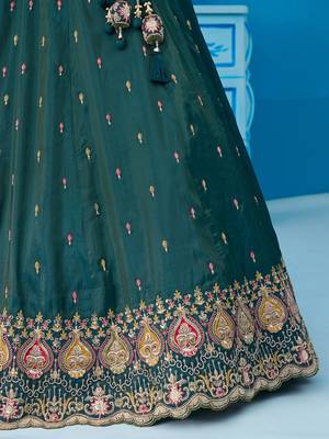 Teal- Cosmos Silk Beads & Sequins Embroidered Semi-Stitched Lehenga & Unstitched Blouse With Dupatta 5