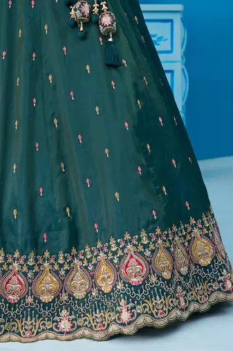 Teal- Cosmos Silk Beads & Sequins Embroidered Semi-Stitched Lehenga & Unstitched Blouse With Dupatta