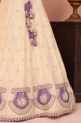 Cream- Jacquard Heavy Beads with Sequins Embroidered Semi-Stitched Lehenga  & Unstitched Blouse With Dupatta