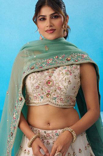 Cream- Tissue Sequins Embroidered Multicolor Patch Work Semi-Stitched Lehenga & Unstitched Blouse With Dupatta