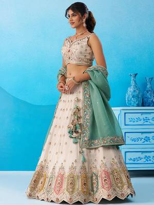 Cream- Tissue Sequins Embroidered Multicolor Patch Work Semi-Stitched Lehenga  & Unstitched Blouse With Dupatta 3