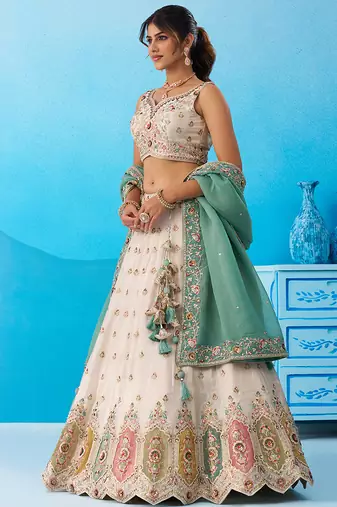 Cream- Tissue Sequins Embroidered Multicolor Patch Work Semi-Stitched Lehenga & Unstitched Blouse With Dupatta