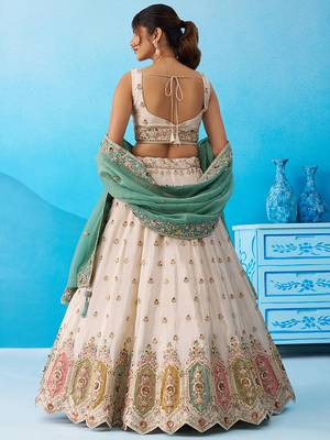 Cream- Tissue Sequins Embroidered Multicolor Patch Work Semi-Stitched Lehenga  & Unstitched Blouse With Dupatta 4