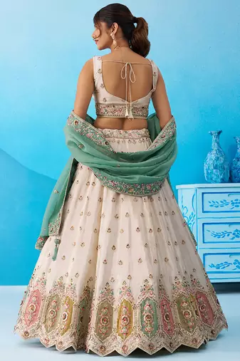 Cream- Tissue Sequins Embroidered Multicolor Patch Work Semi-Stitched Lehenga & Unstitched Blouse With Dupatta