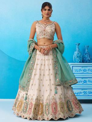 Cream- Tissue Sequins Embroidered Multicolor Patch Work Semi-Stitched Lehenga  & Unstitched Blouse With Dupatta 1