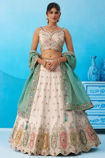 Cream- Tissue Sequins Embroidered Multicolor Patch Work Semi-Stitched Lehenga & Unstitched Blouse With Dupatta