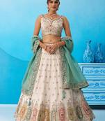 Cream- Tissue Sequins Embroidered Multicolor Patch Work Semi-Stitched Lehenga & Unstitched Blouse With Dupatta