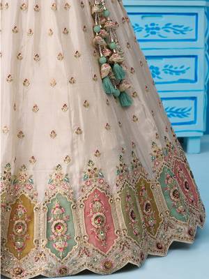 Cream- Tissue Sequins Embroidered Multicolor Patch Work Semi-Stitched Lehenga  & Unstitched Blouse With Dupatta 5