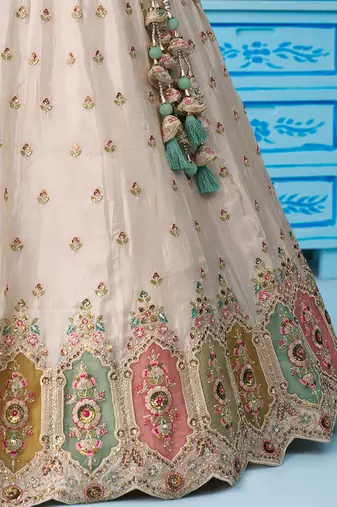 Cream- Tissue Sequins Embroidered Multicolor Patch Work Semi-Stitched Lehenga & Unstitched Blouse With Dupatta
