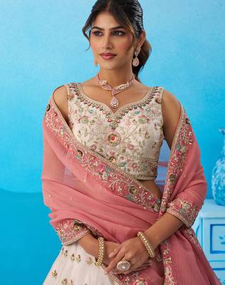 Cream- Tissue Sequins Embroidered Multicolor Patch Work Semi-Stitched Lehenga  & Unstitched Blouse With Dupatta 2