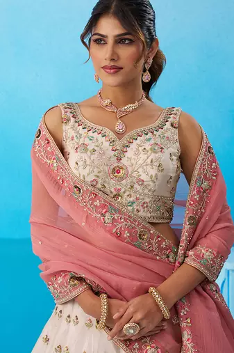 Cream- Tissue Sequins Embroidered Multicolor Patch Work Semi-Stitched Lehenga & Unstitched Blouse With Dupatta