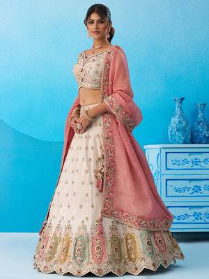 Cream- Tissue Sequins Embroidered Multicolor Patch Work Semi-Stitched Lehenga  & Unstitched Blouse With Dupatta 3