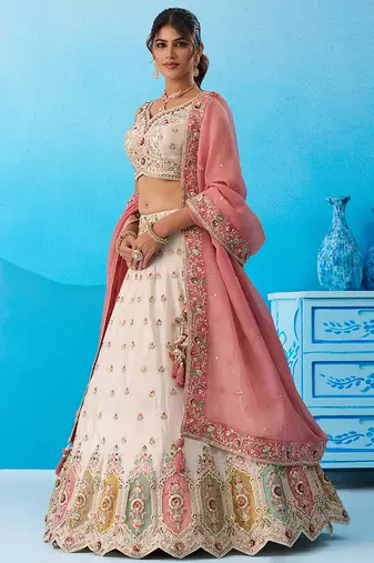 Cream- Tissue Sequins Embroidered Multicolor Patch Work Semi-Stitched Lehenga & Unstitched Blouse With Dupatta