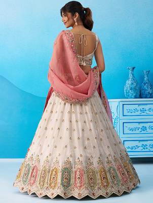 Cream- Tissue Sequins Embroidered Multicolor Patch Work Semi-Stitched Lehenga  & Unstitched Blouse With Dupatta 4