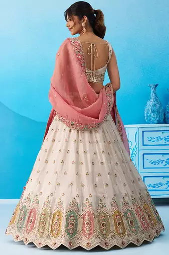 Cream- Tissue Sequins Embroidered Multicolor Patch Work Semi-Stitched Lehenga & Unstitched Blouse With Dupatta