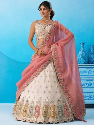 Cream- Tissue Sequins Embroidered Multicolor Patch Work Semi-Stitched Lehenga  & Unstitched Blouse With Dupatta 1