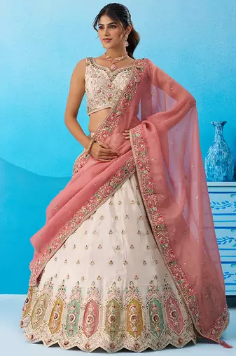 Cream- Tissue Sequins Embroidered Multicolor Patch Work Semi-Stitched Lehenga & Unstitched Blouse With Dupatta