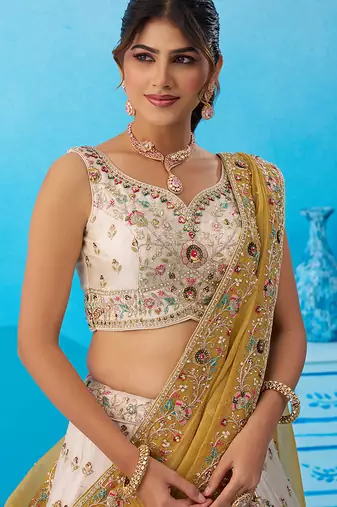 Cream- Tissue Sequins Embroidered Multicolor Patch Work Semi-Stitched Lehenga  & Unstitched Blouse With Dupatta