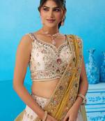 Cream- Tissue Sequins Embroidered Multicolor Patch Work Semi-Stitched Lehenga & Unstitched Blouse With Dupatta