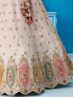 Cream- Tissue Sequins Embroidered Multicolor Patch Work Semi-Stitched Lehenga  & Unstitched Blouse With Dupatta 5
