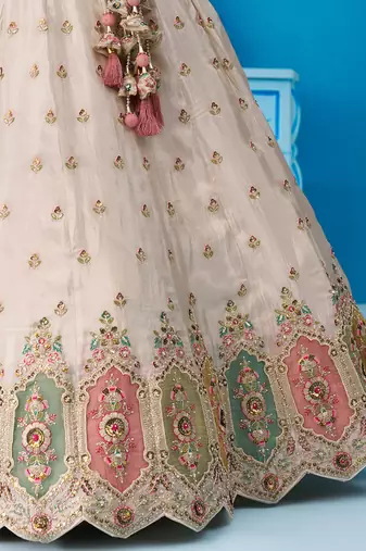 Cream- Tissue Sequins Embroidered Multicolor Patch Work Semi-Stitched Lehenga & Unstitched Blouse With Dupatta